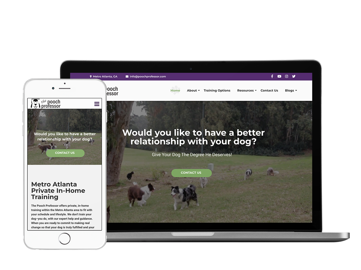 A mobile phone and tablet displaying a website dedicated to dog relationships, designed by the Pooch Professor.