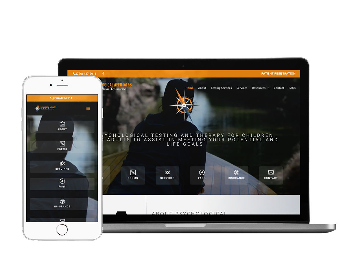 A mobile phone and tablet displaying a website design for Psychological Affiliates.