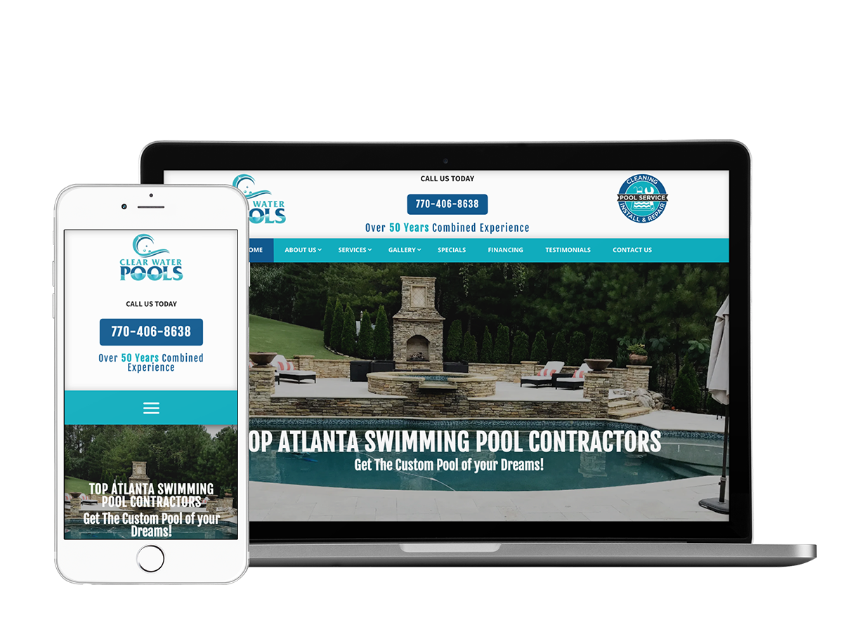 A mobile phone and tablet with a website design for Clear Water Pools, a pool company.