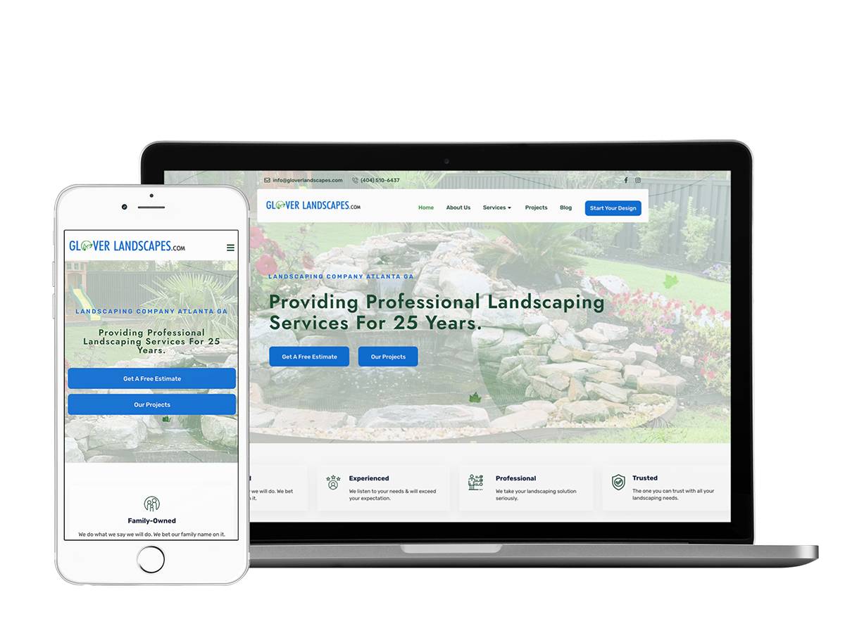 A mobile phone showcasing the website for Glover Landscapes.