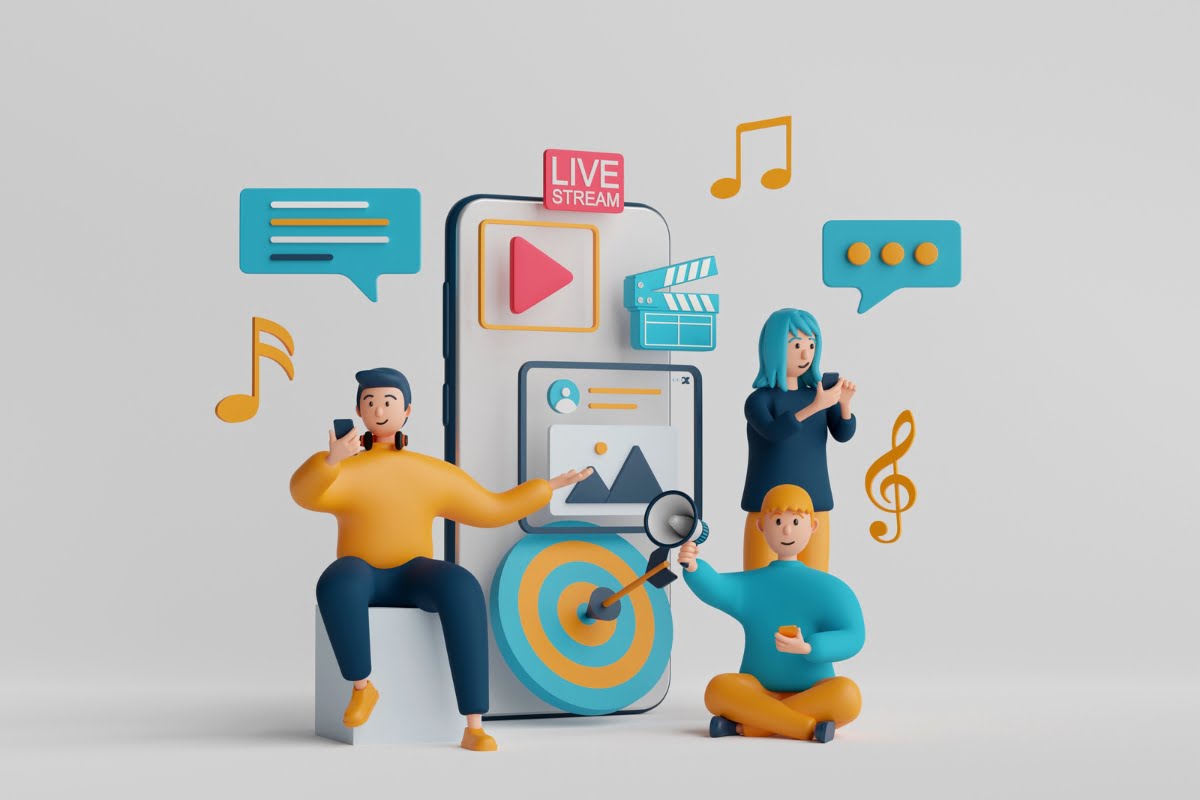 3d illustration of a group engaged in video marketing on a phone.