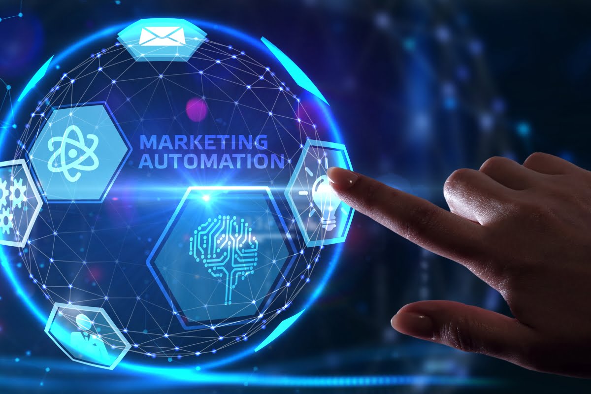 A hand is pointing to the word marketing automation for automated marketing campaigns.