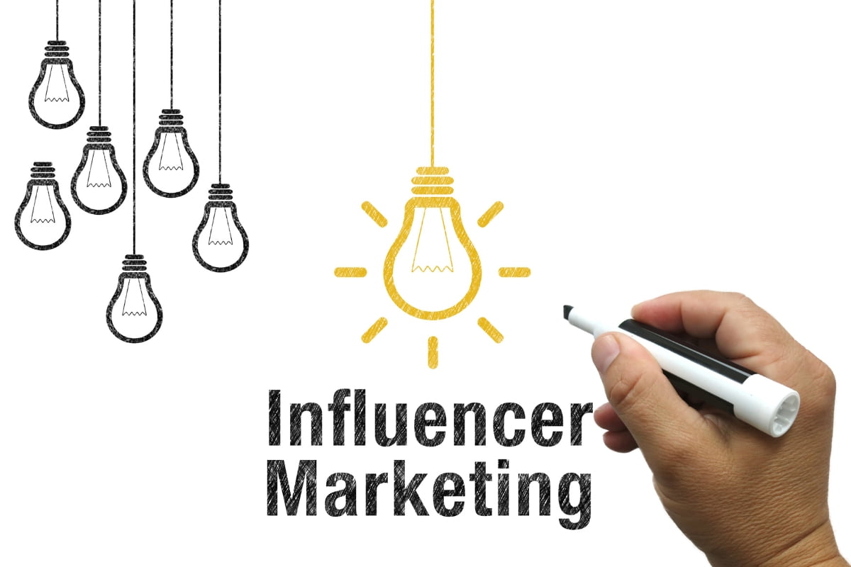 The word influencer marketing is written on a white background with light bulbs, attracting website traffic.