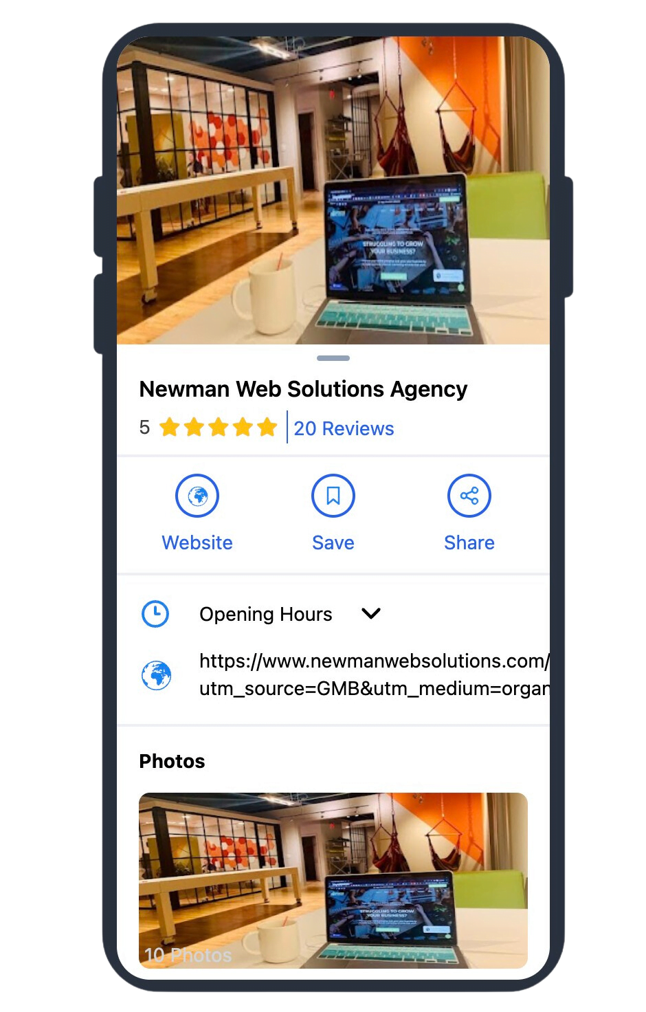 A mobile phone screen displaying a website for a web solutions agency specializing in Google business profile services.