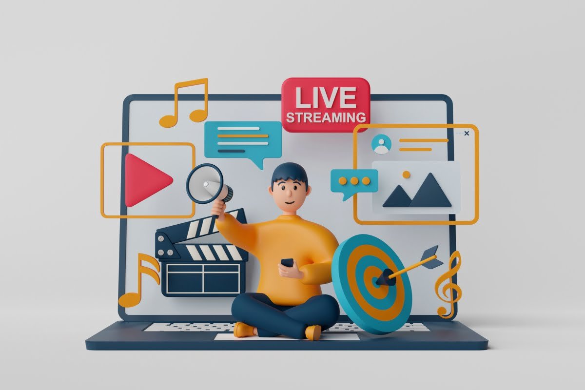 A 3d model of a man sitting on a laptop with live streaming icons, showing an engaging and interactive user experience that minimizes bounce rate.