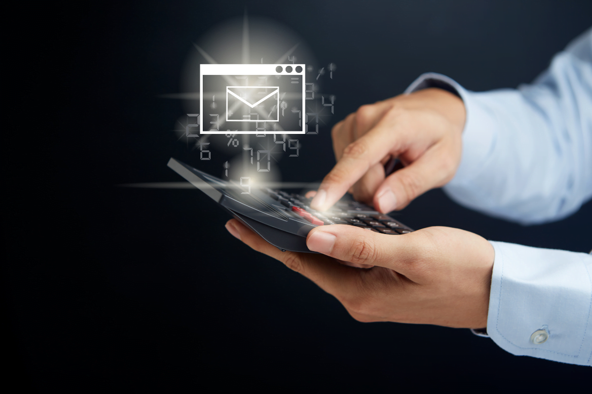 A man holding a calculator with an email automation icon on it, emphasizing that it is cost-effective.