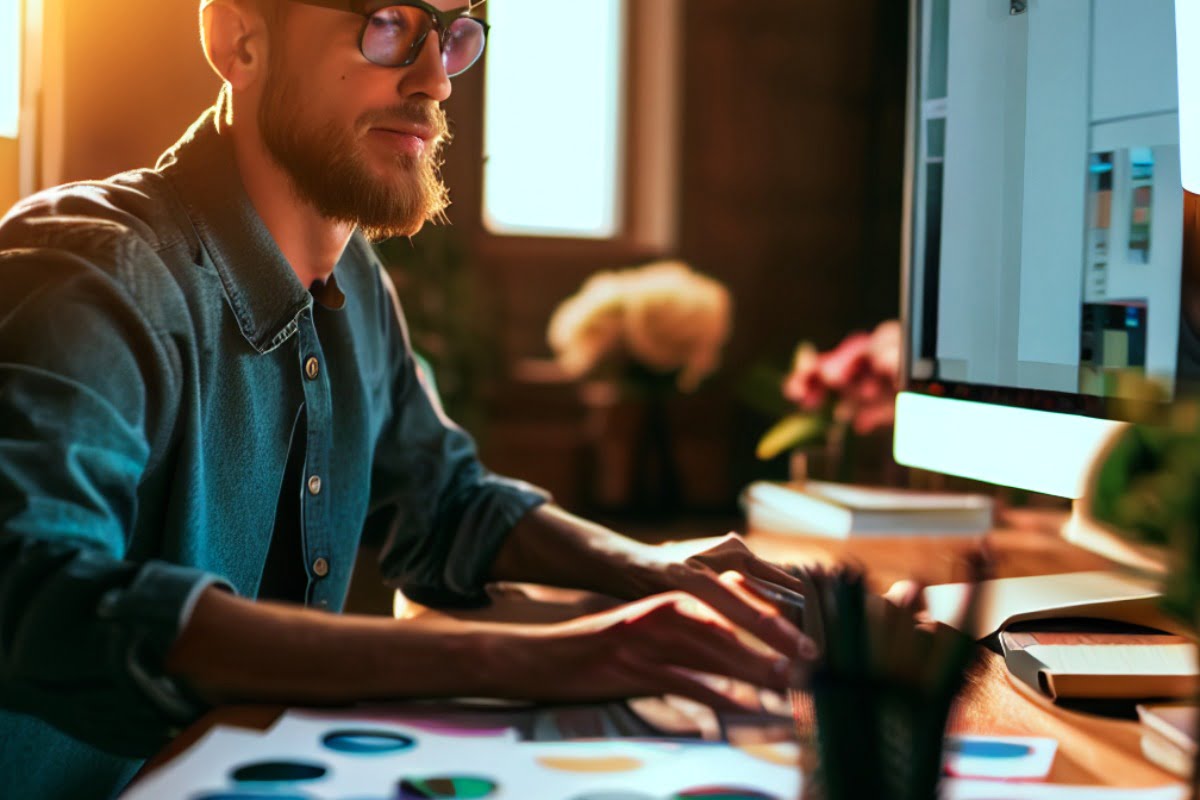 An Atlanta web designer from Newman Web Solutions Agency is sitting at a desk with a computer in front of him, exemplifying simplicity in web design.