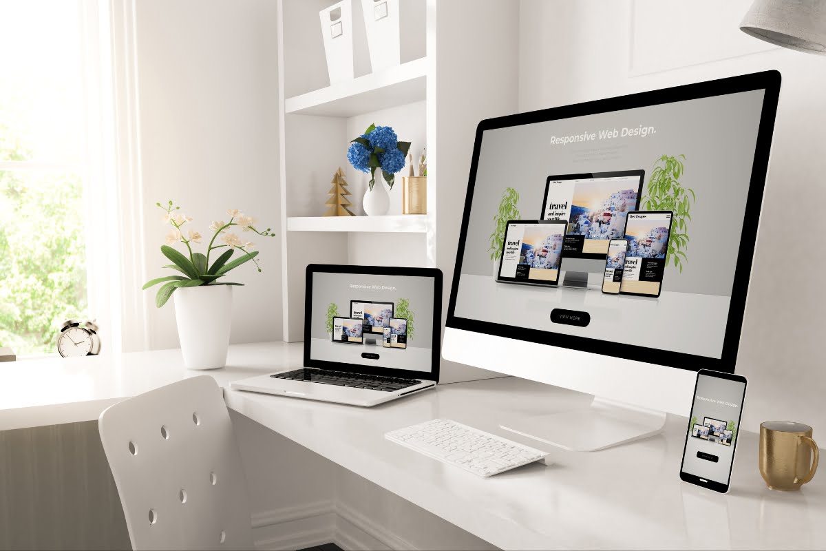 A desk with a computer and two monitors.