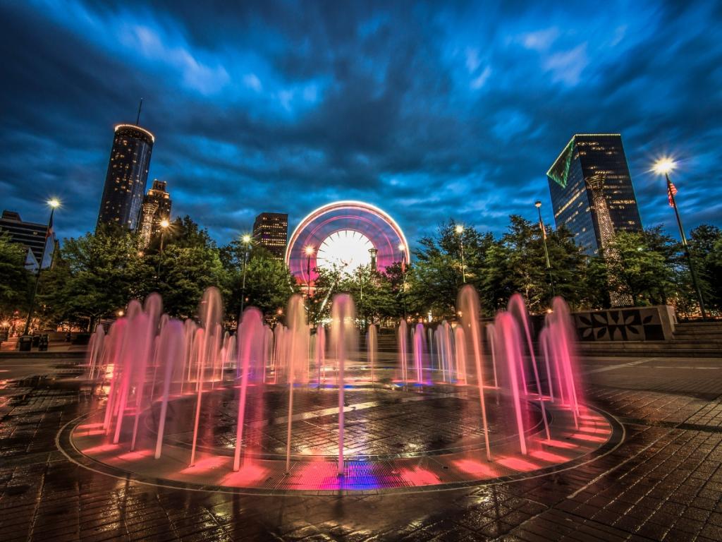 A historic fountain in the heart of Atlanta, Georgia, illuminating the city's rich history at night.