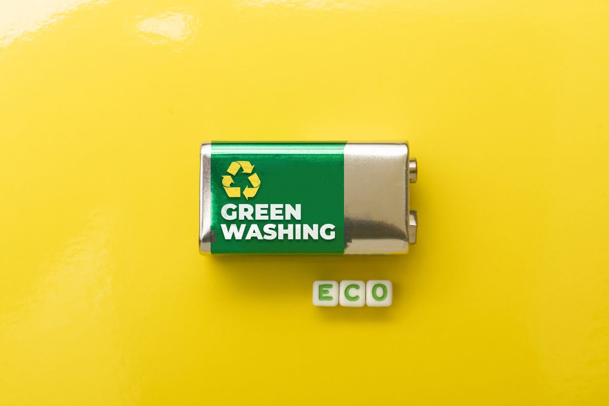 A battery with the word green washing on a yellow background, illustrating potential deception in environmental claims or sustainability practices.