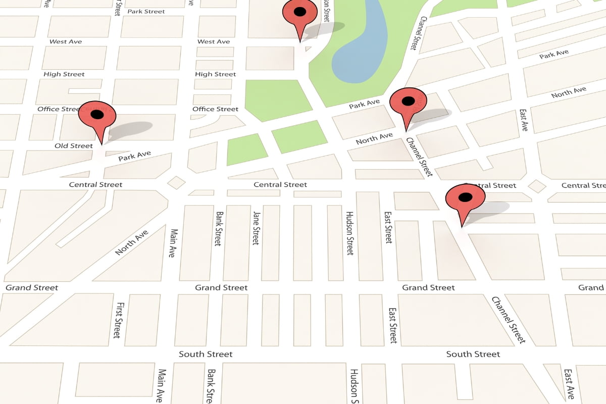 A map displaying various local businesses using red pins on Google Maps.