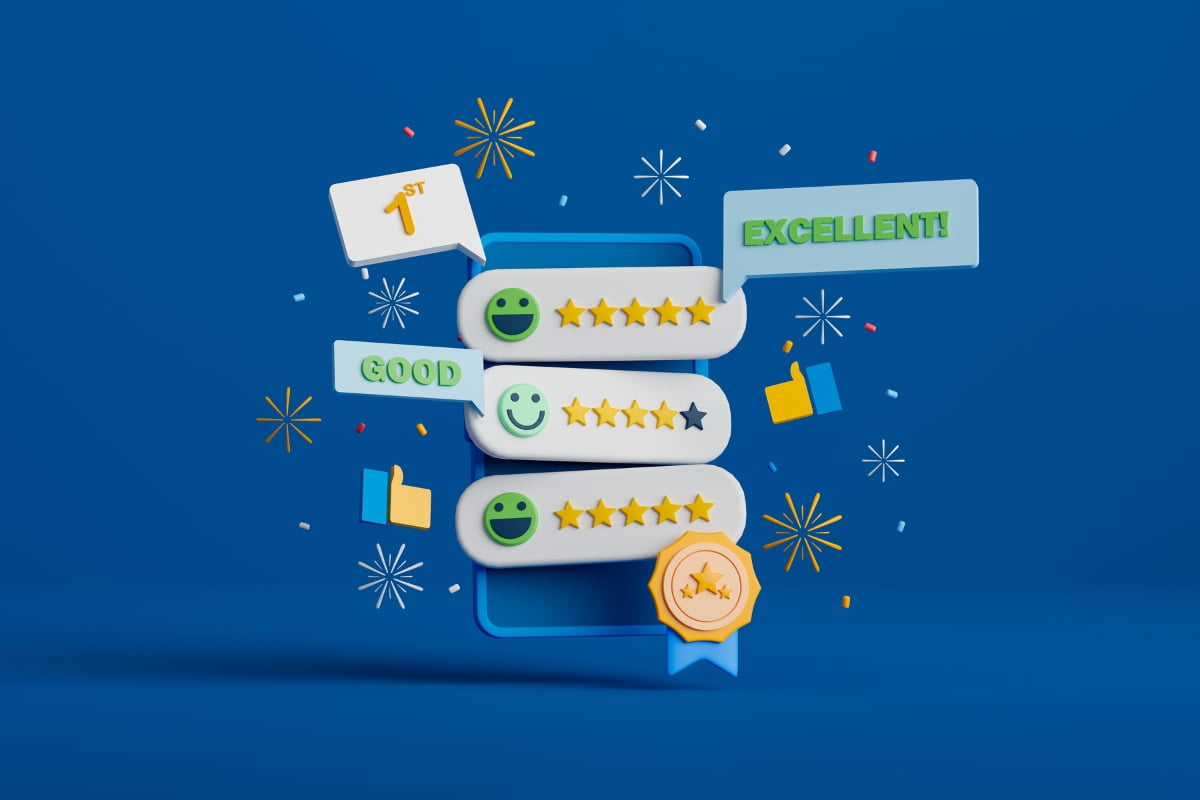 A 3D illustration of a customer rating with stars on a blue background, used for local store marketing.