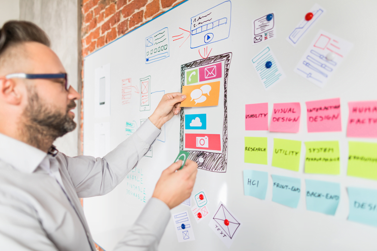 A man is using sticky notes on a whiteboard.