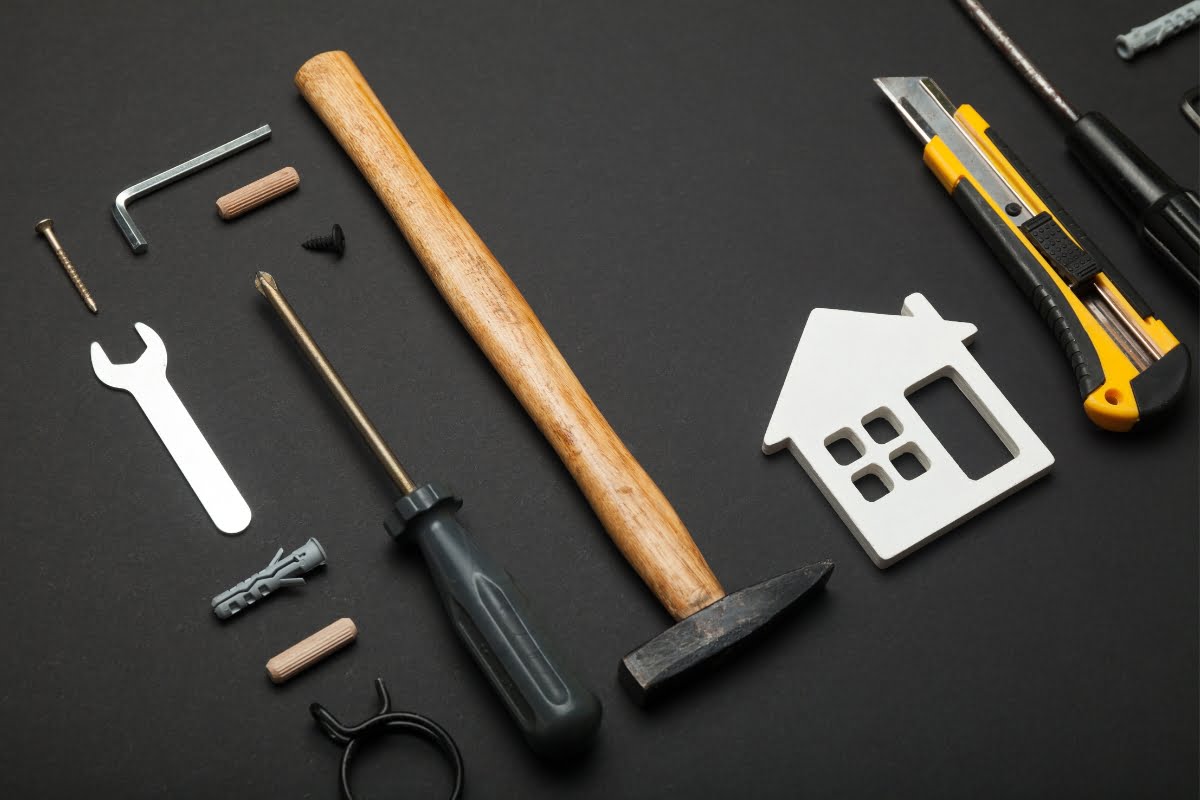 A variety of home improvement tools are laid out on a black background.