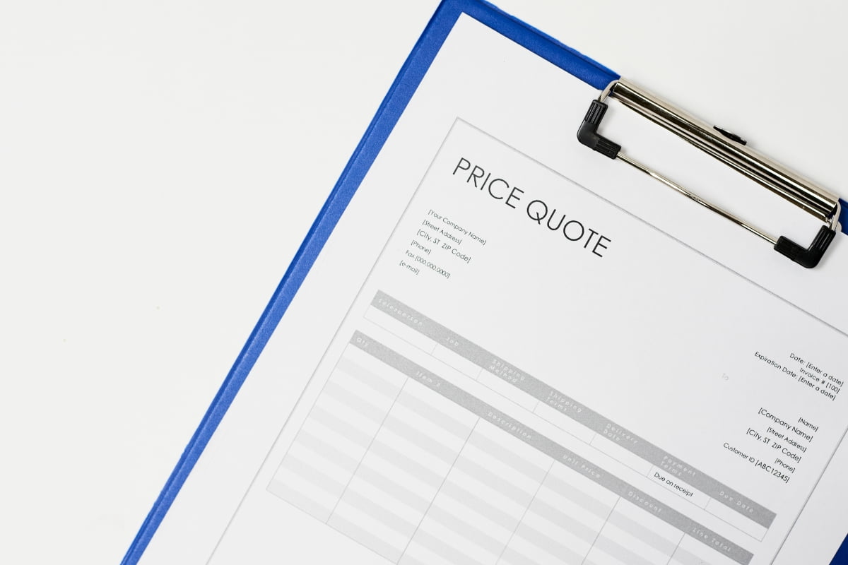 A clipboard with a price quote on it, perfect for a home improvement project or for use by a marketing agency.