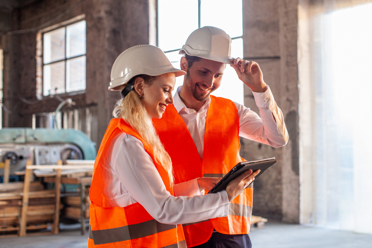 Two construction workers in hard hats using a tablet to access HomeAdvisor for contractors.