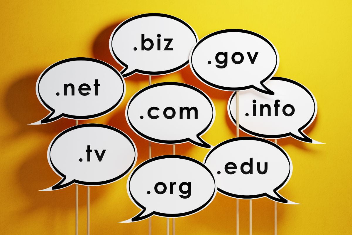 A group of speech bubbles with the words gov, com, and edu representing different domains.