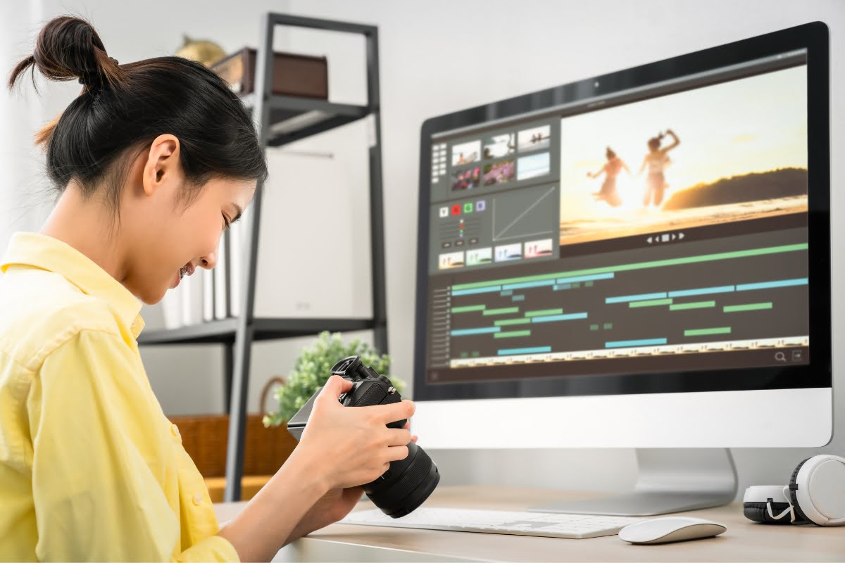 A woman is using a camera to edit a video on a computer, exploring how to optimize images for web.