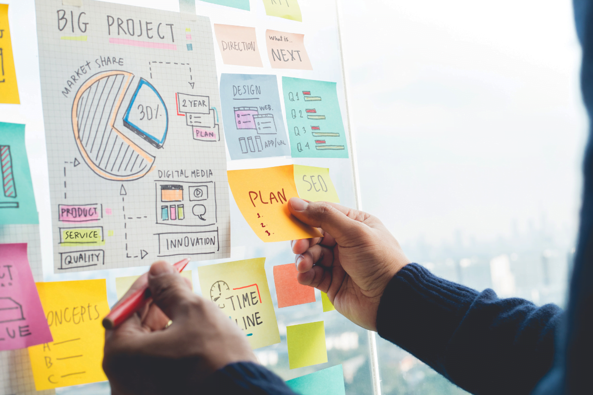 A man is using sticky notes to organize his marketing plan on a wall.