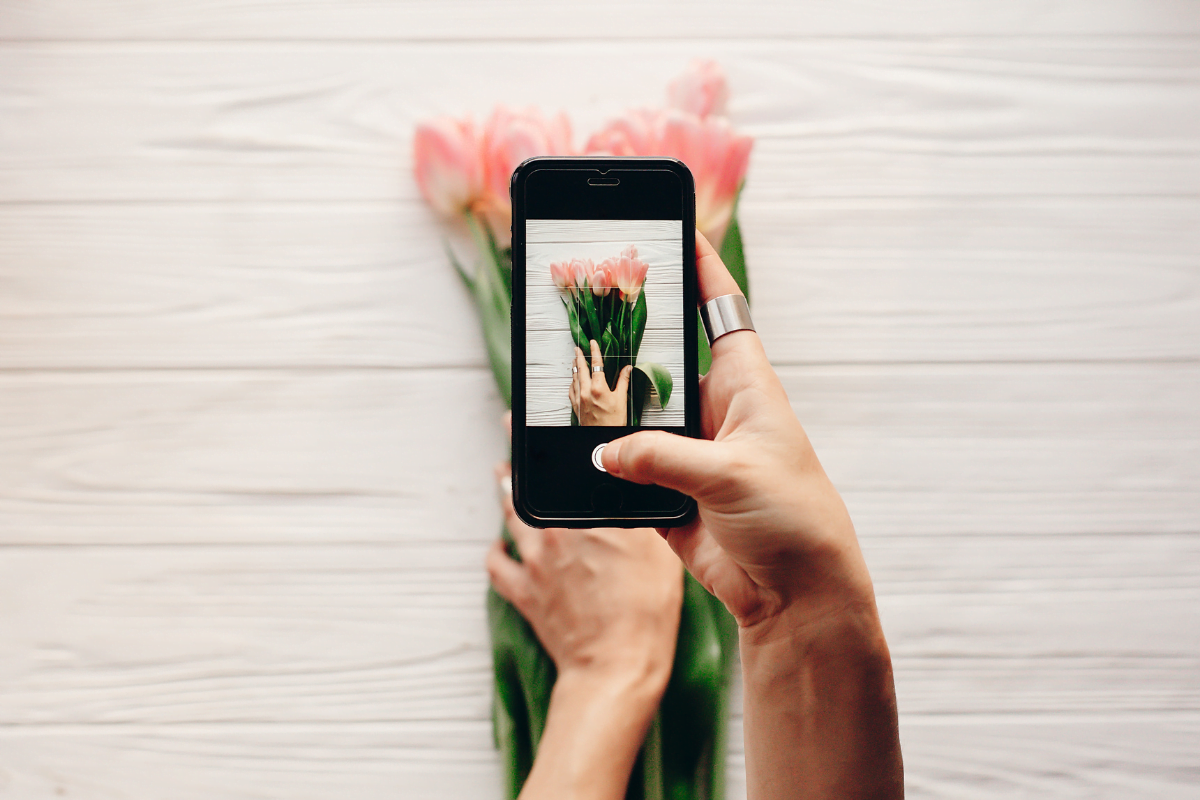 A woman utilizing her phone's camera to capture vibrant flowers to post on Instagram.