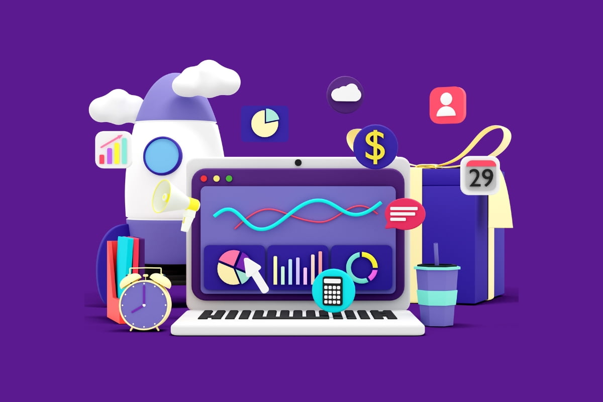 A aesthetically pleasing purple background with a laptop, phone, and other items designed to maximize landing page conversions.