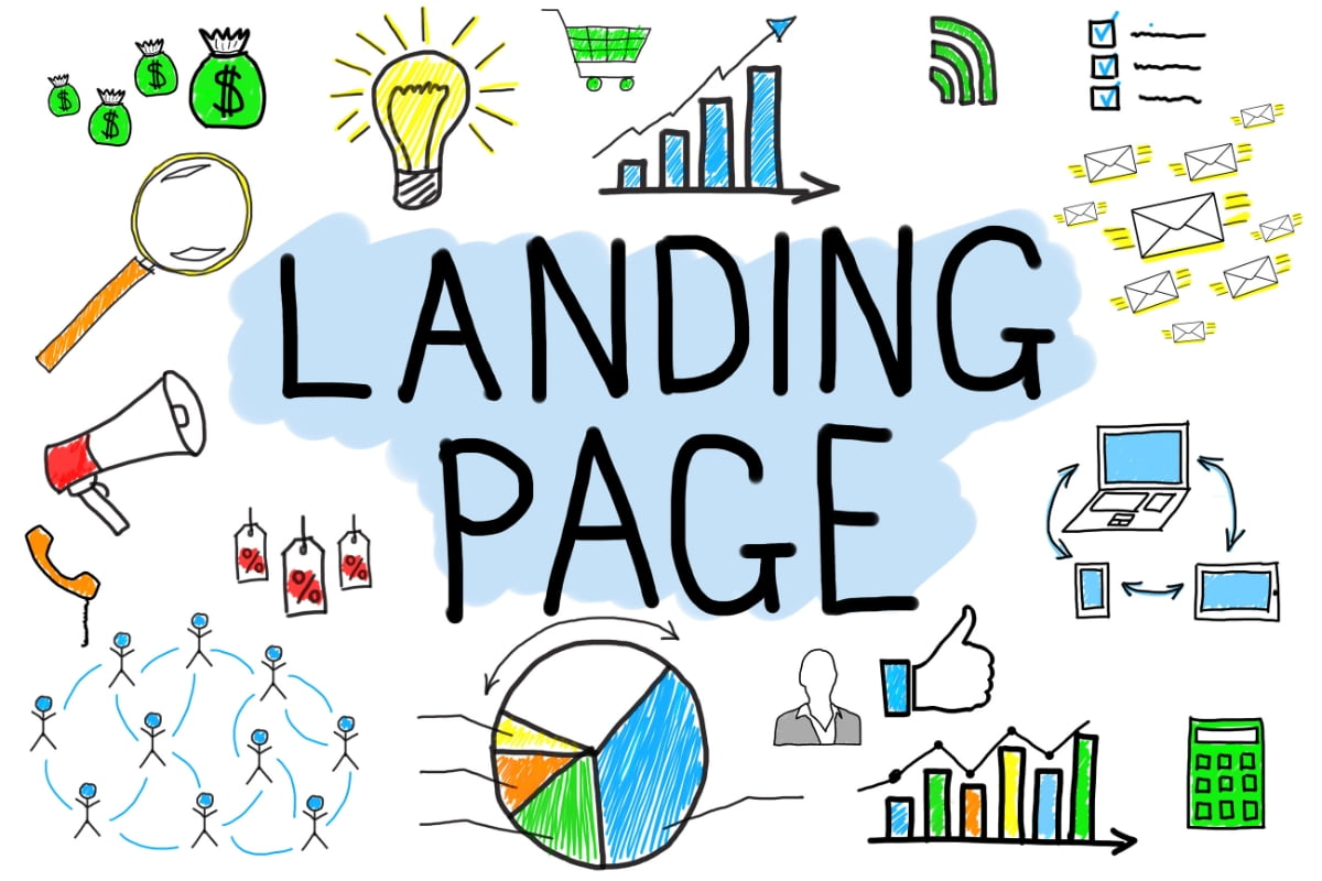 A landing page designed for optimal conversions, featuring a multitude of icons positioned strategically around it.