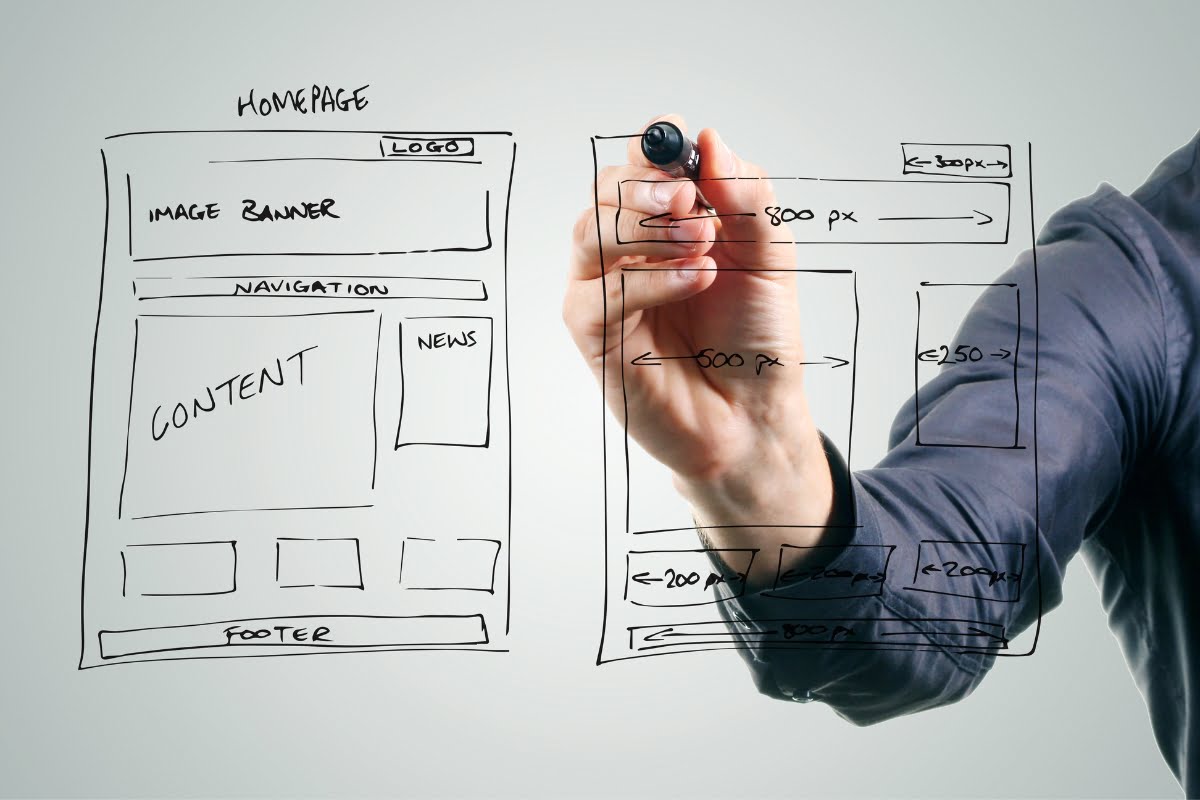 A man is redesigning a website layout on a white board.