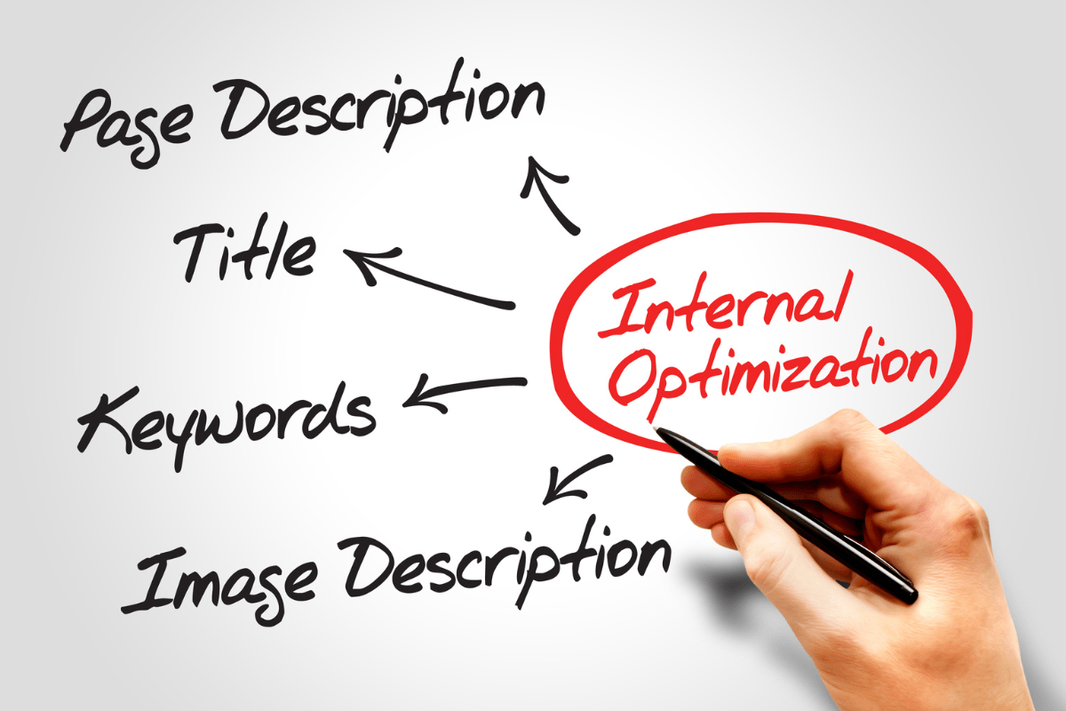 A small business SEO company employee diligently writes the word "internal optimization" on a whiteboard, focusing on enhancing website performance.