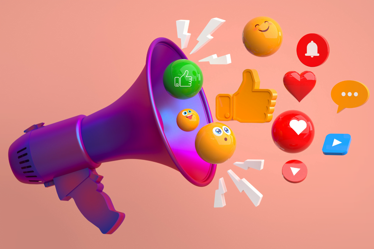 A megaphone amplifying social emoticons as a powerful form of social proof marketing.