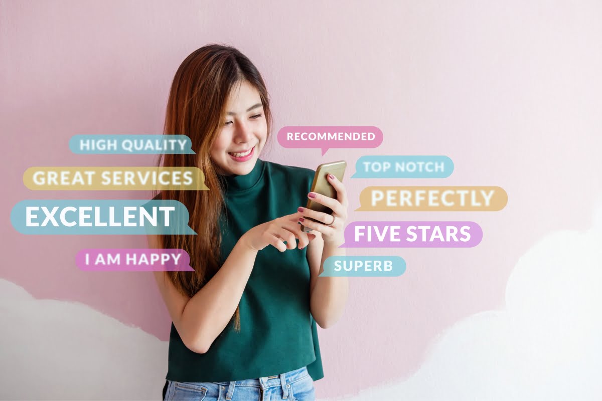 Asian woman looking at her phone while relaxing at a spa, possibly engaging with spa marketing promotions.