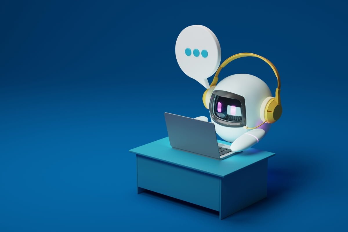 A 3d illustration of an AI robot sitting at a desk with headphones and a speech bubble, showcasing personalization.