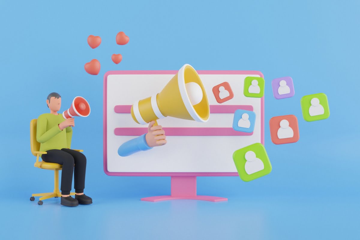 3d illustration of a man with a megaphone and social media icons, showcasing AI integration for personalization.