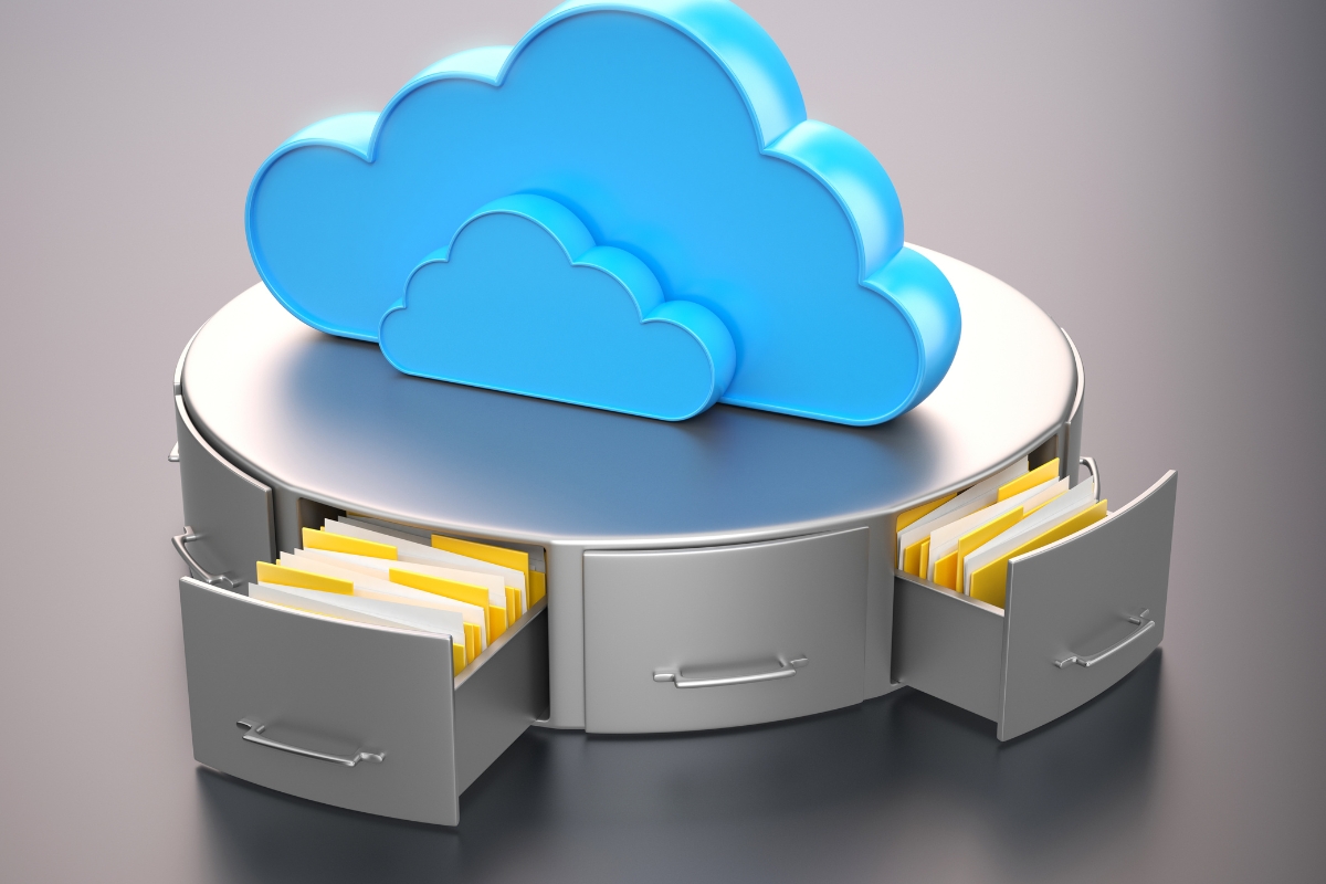 The best cloud hosting solution optimized for SEO, carefully perched on a filing cabinet.