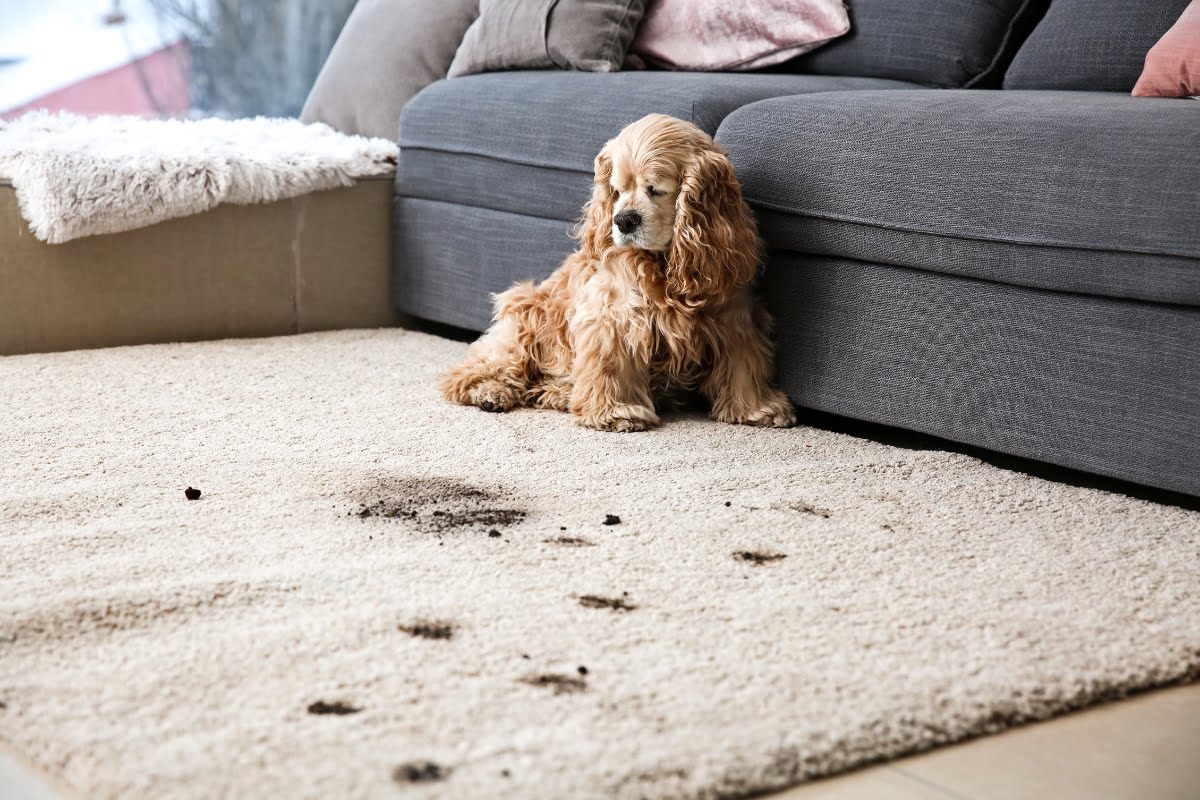 A dog sitting on a rug with paw prints, attracting attention for carpet cleaning ads.