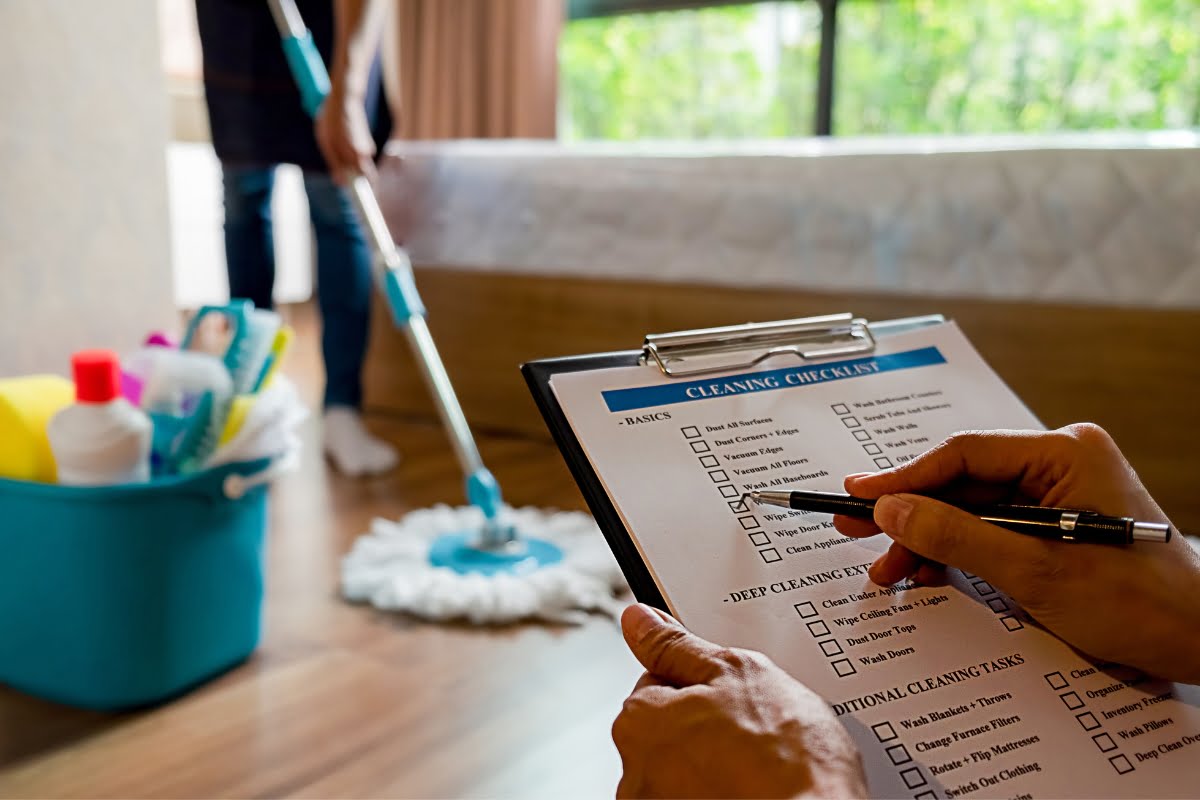 A person holding a clipboard with a checklist on it, efficiently organizing cleaning tasks.