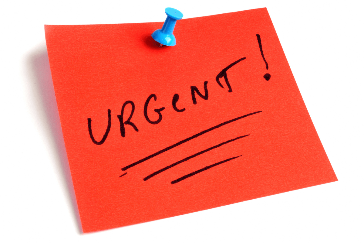 A red post it note with the word urgent written on it, demanding immediate attention. This eye-catching copy effectively converts viewers into taking urgent action.