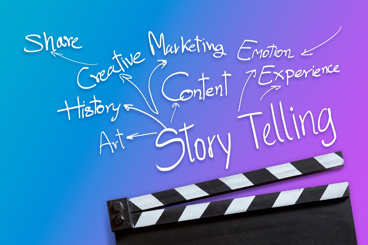 A movie clapper with the words creative storytelling written on it, representing a tool for generating innovative content ideas.