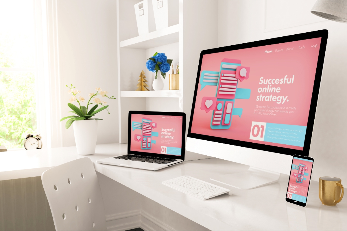 A desk with two monitors, a laptop, and a phone, showcasing an organized workspace for creating a digital branding guide.