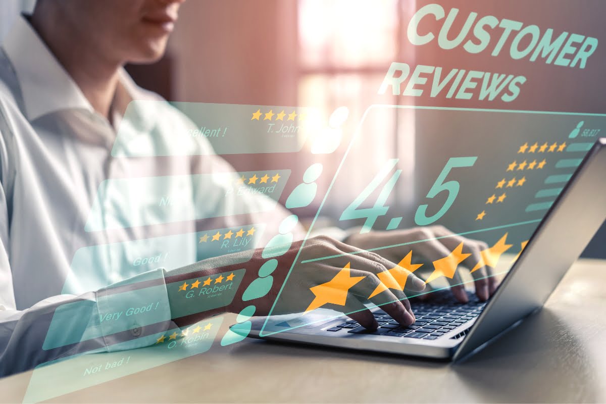 Increase customer reviews on a laptop screen by leveraging strategies to get more reviews on Google.