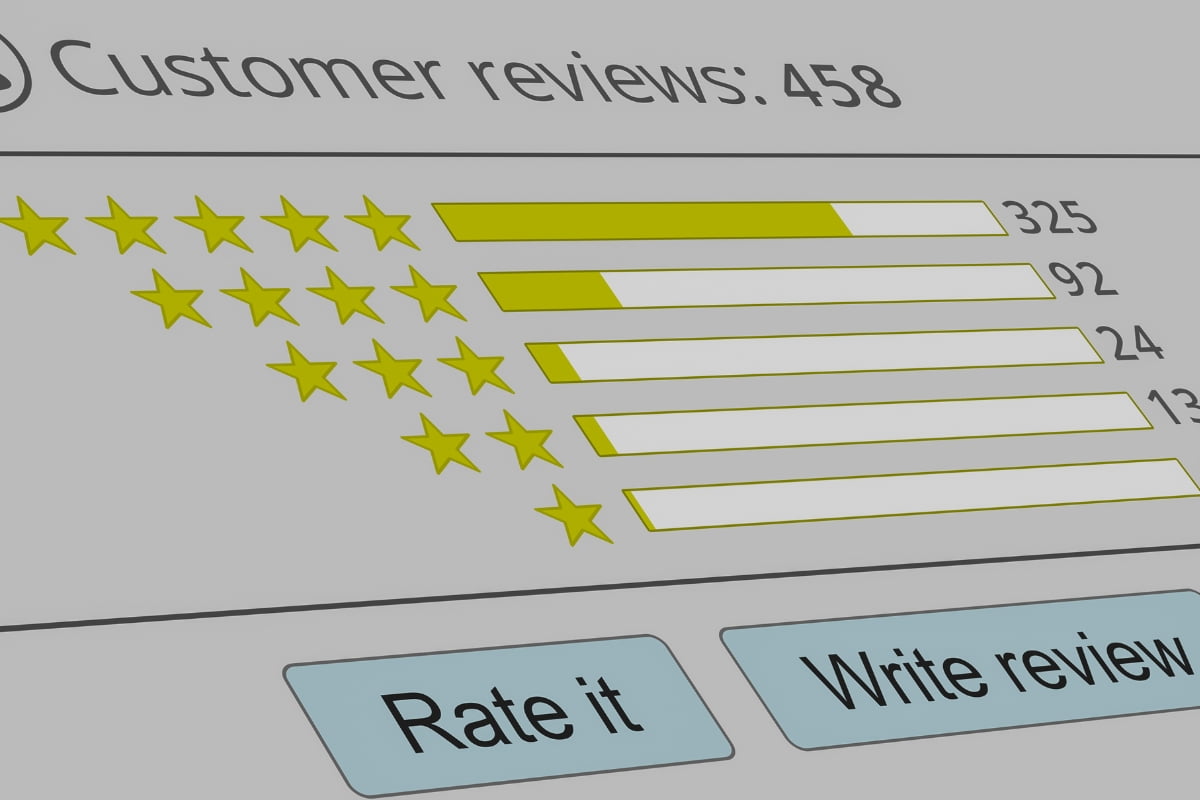 A visually stunning 3D rendering of a customer rating screen designed to encourage customers to offer more reviews on Google.