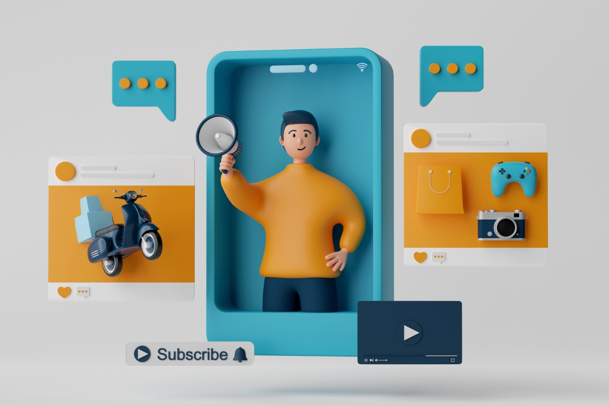 A 3d illustration of a man holding a phone while learning how to create a Facebook campaign.