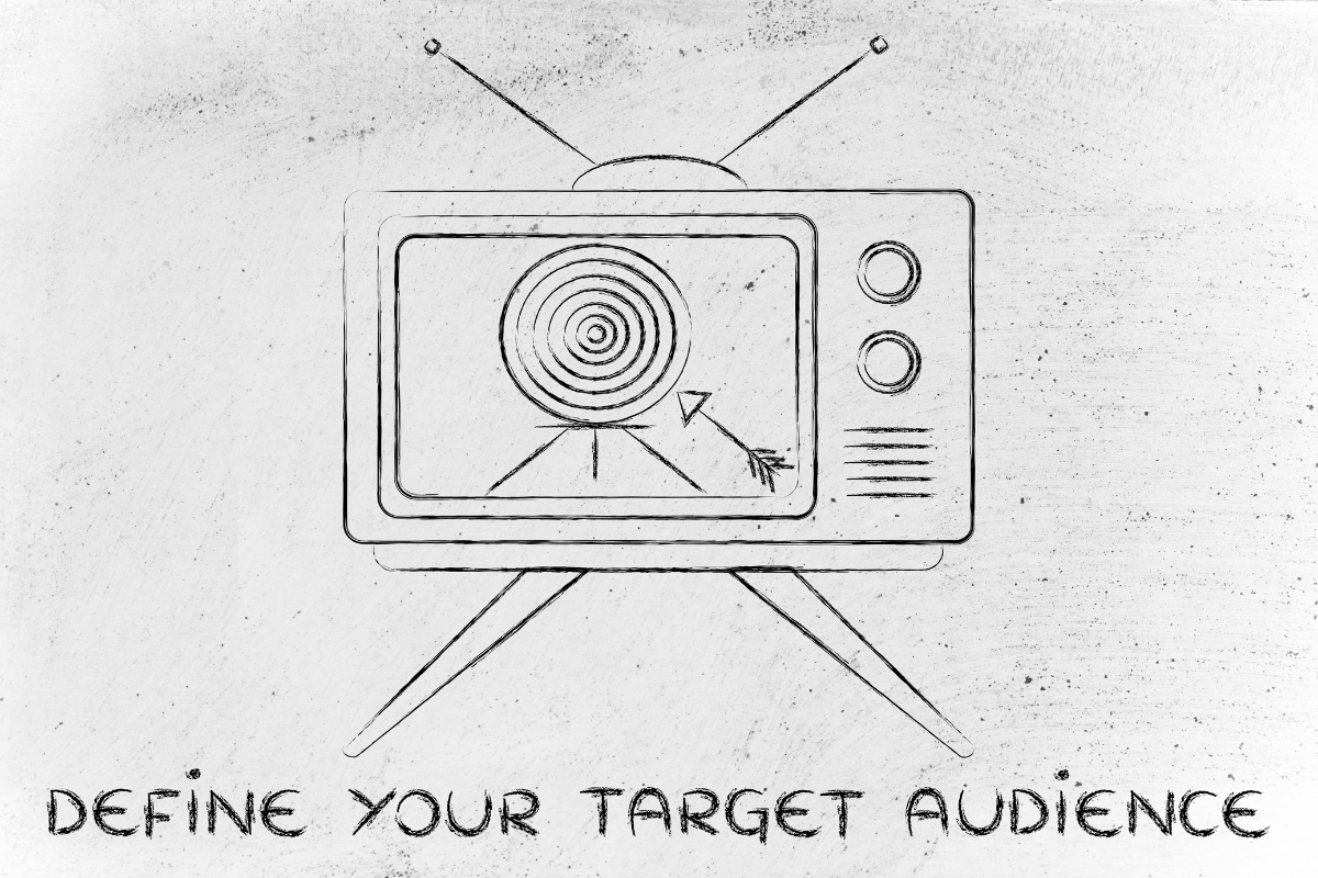 A drawing of a television highlighting the importance of defining your target audience in marketing channels.