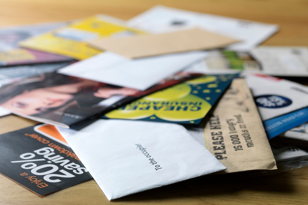 A stack of mail sitting on a table, representing various marketing channels.