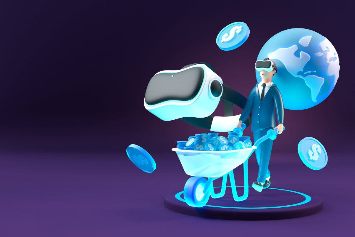 A metaverse-savvy businessman sporting a virtual reality headset, depicted in an immersive 3D illustration.