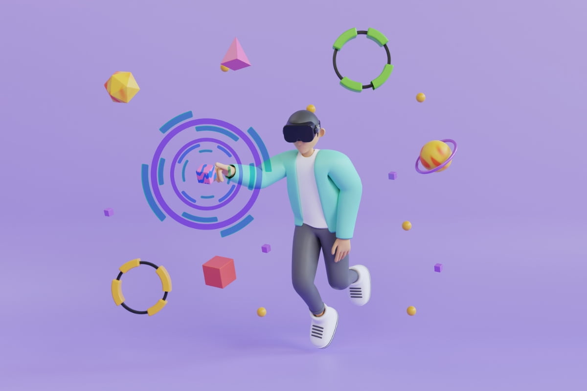 In the rapidly evolving metaverse, a man donning a virtual reality headset is engrossed in playful interaction with vivid and vibrant objects.