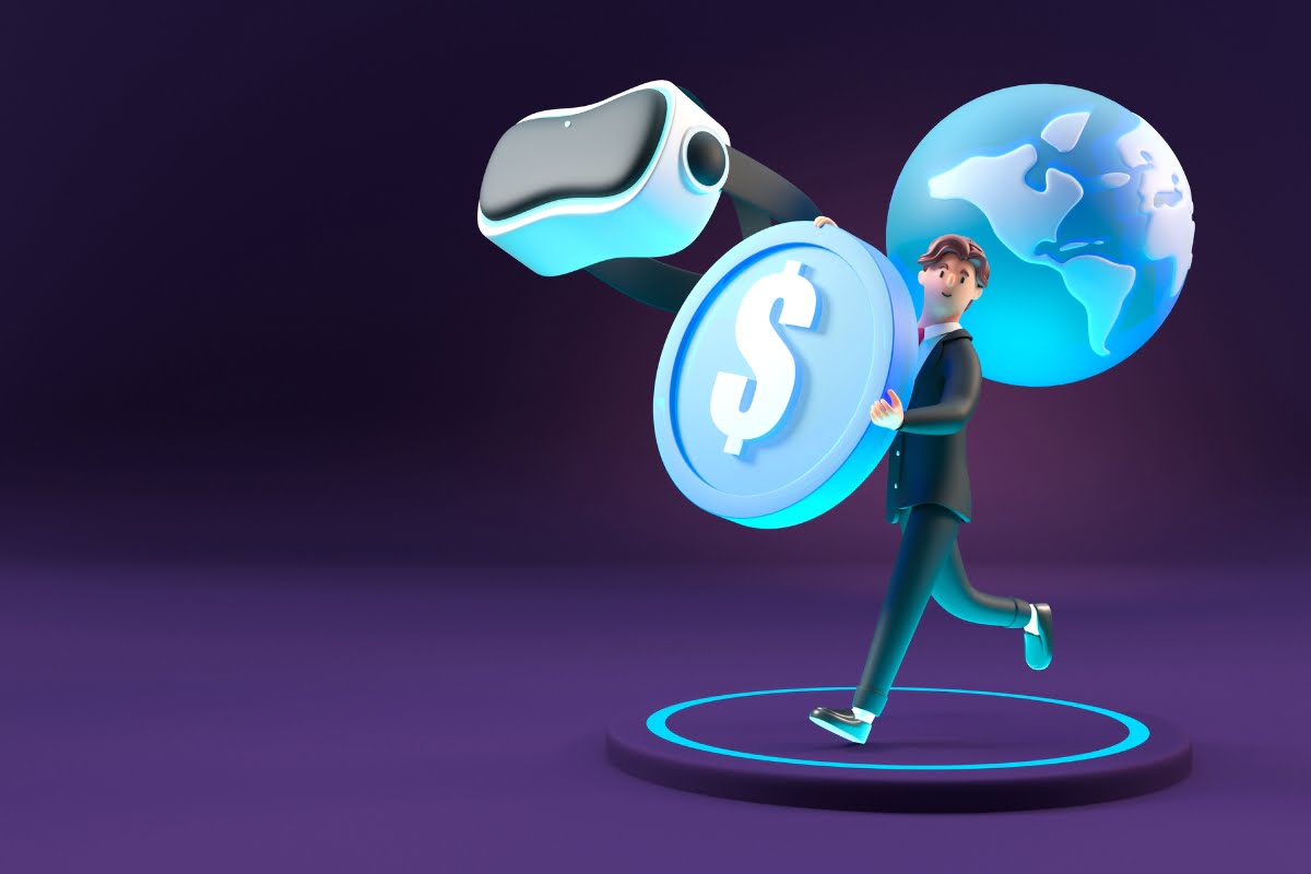 A dynamic 3D illustration of a businessman sprinting with a coin in the metaverse.