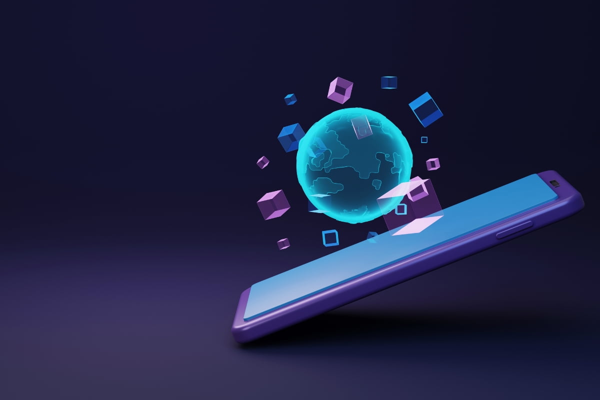 A smartphone with a metaverse flying out of it, showcasing the potential for immersive metaverse marketing experiences.