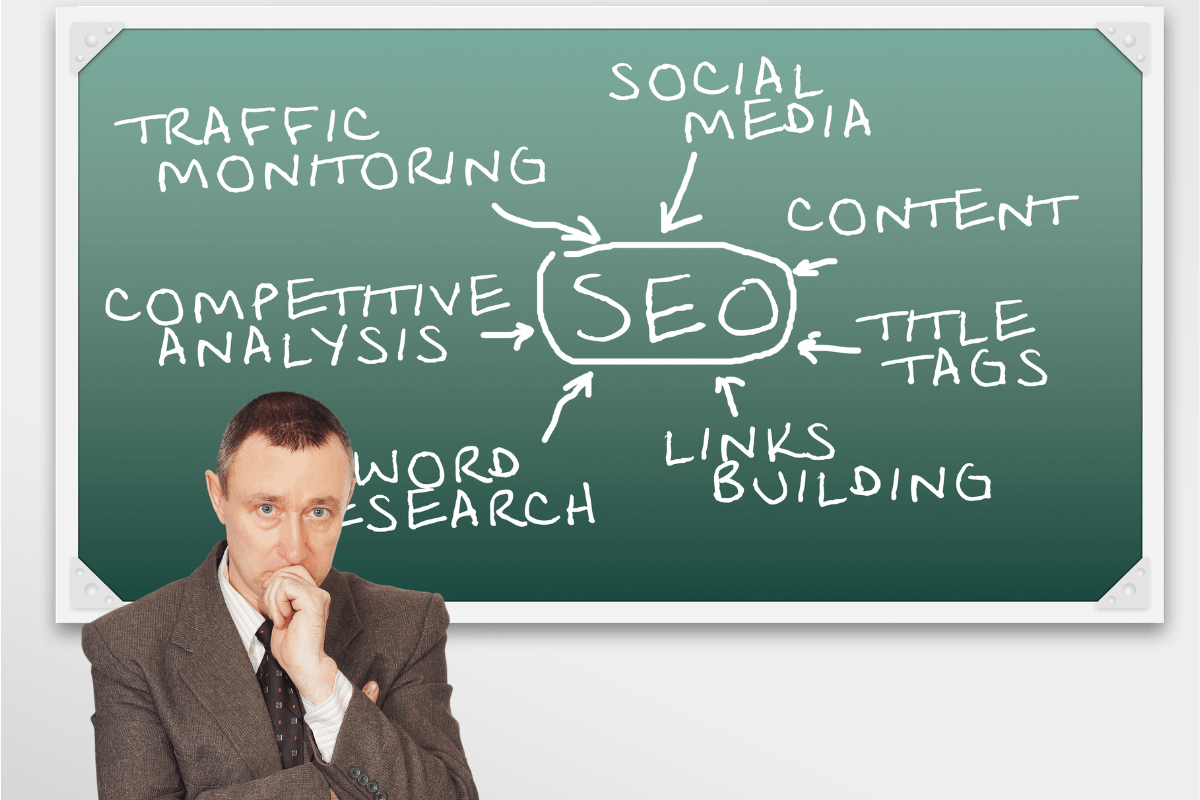 A man standing in front of a blackboard with SEO strategies written on it.