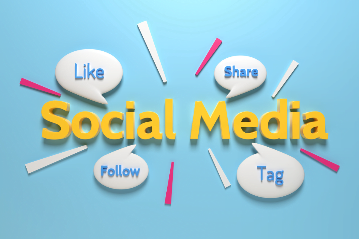 The phrase "social media" with speech bubbles on a blue background.