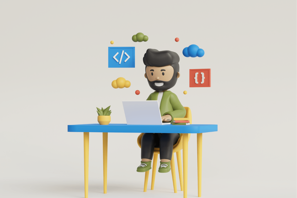 A 3d illustration of a man working on a laptop.